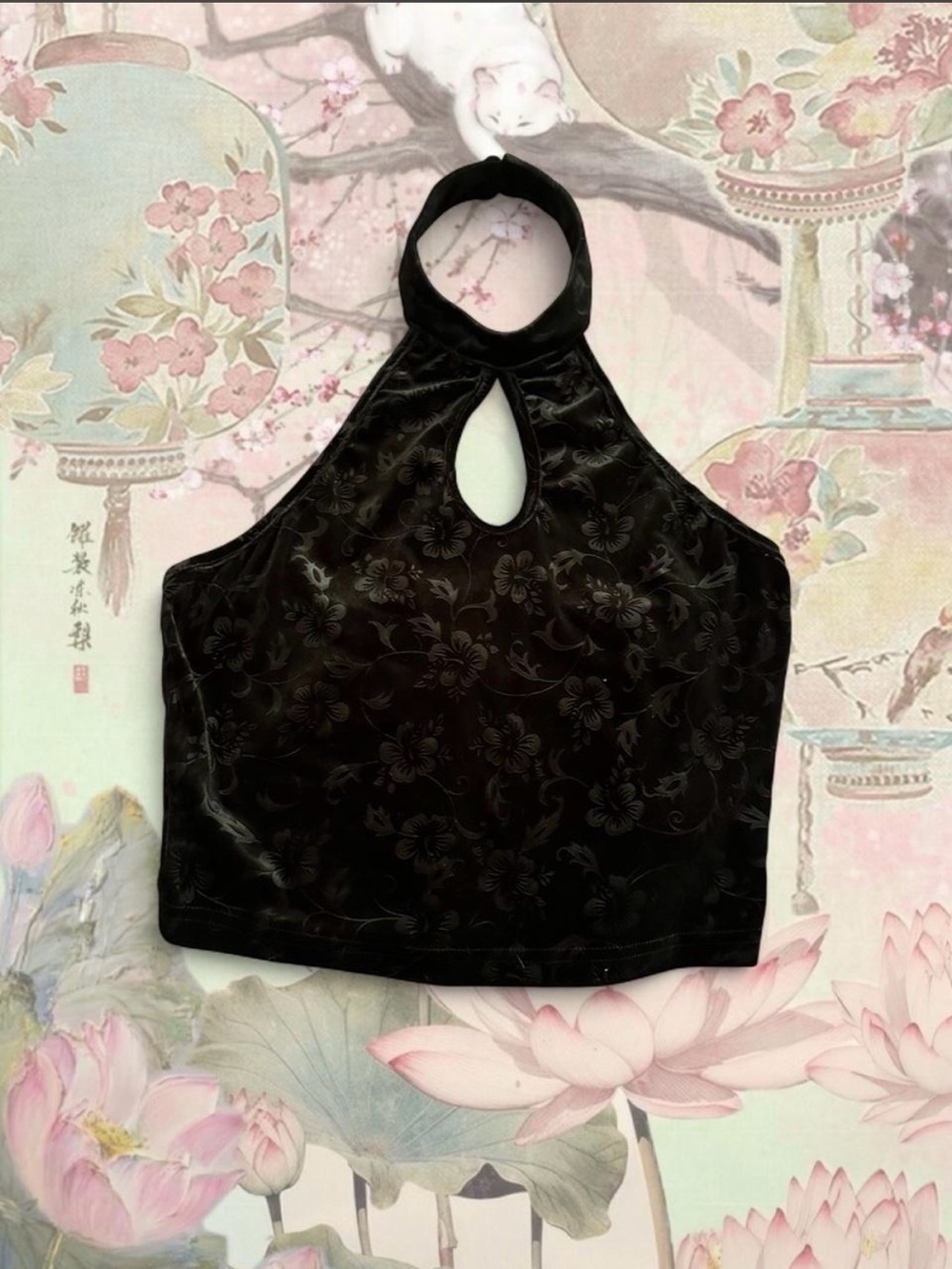 SHEIN Black Velvet Floral Halter Crop Top with Keyhole